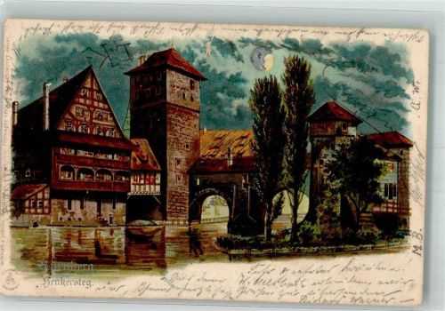 Nürnberg 1900 Prägedruck Henkersteg Mondschein-Postkarte Lithographie Künstlerkarte Einriß
