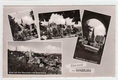 Warburg mit Ev. Kirche und Gymnasium gelaufen, 1960. Leichter Bug oben rechts, sonst gut erhalten