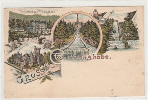 Wilhelmshöhe Kassel - Wilhelmshöhe, Lithographie. Pensionshaus Wilhelmshöhe Cascaden Aquaduct Wasserfall Löwenburg gelaufen, 1897. Leicht stockfleckig, sonst gut erhalten