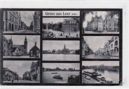 Leer, 9 Abbildungen mit Gymnasium und Baptistenkirche. Feldpost, Stempel von 1917 kleiner Knick unten rechts, leicht fleckig, sonst gut erhalten