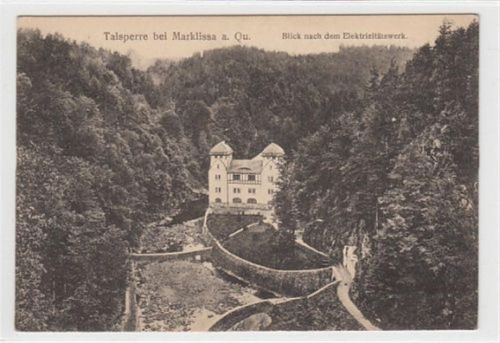Talsperre bei Marklissa / Lesna - Kreis Lauban / Luban am Queis mit Blick nach dem Elektrizitätswerk ungelaufen Top Erhaltung.