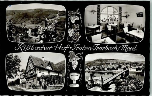 Traben-Trarbach Rißbacher Hof Gasthaus Gastraum Wein Fachwerk Brücke Kirche Turm Foto AK
