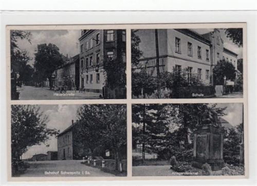 Schwepnitz. Bahnhof Schule Hauptstraße Kriegerdenkmal gelaufen, 1942 kleiner Knick unten links, sonst gut erhalten