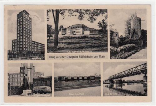 Rüsselsheim am Main mit Hochhaus, Park-Ruine, Adam Opel-Denkmal, Opel-Brücke, Opel Sportfeld u. N.S. Gemeinschaftshaus gelaufen, 1953 kleiner Riß unten rechts, kleiner Knick unten links, leichte Stempelspuren, Rückseite fleckig, sonst gut erhalten