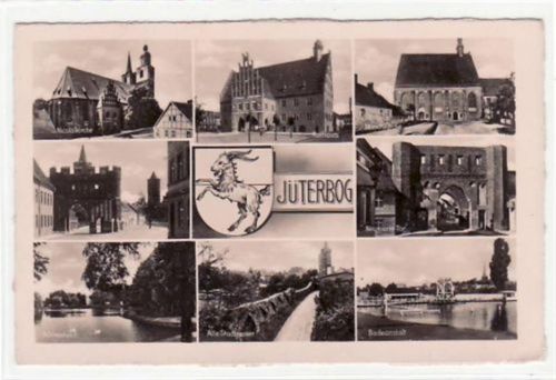 Jüterbog. Nicolaikirche, Rathaus, Mönchskirche, Dammtor, Neumarkt-Tor, Schlossteich, Alte Stadtmauer Badeanstalt. Postalisch nicht befördert. Top Erhaltung.