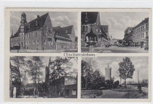 Aschersleben Aschersleben mit Rathaus, Markt, Johannispromenade und Westdorfer Warte. 1942 als Feldpost befördert, d.h. ohne Marke, da Soldatenpost gebührenfrei war. Zusätzlicher Briefstempel Luftwaffen-Sanitätsstaffel Aschersleben. Gute Erhaltung.