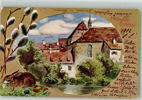 1902 Ostern Hase vor mittelalterlicher Stadt in Frühlingslandschaft Adelskorrespondenz