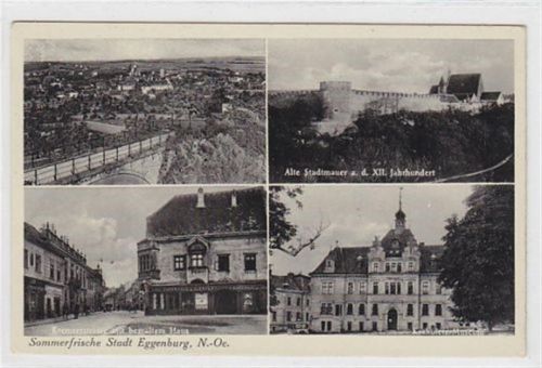 Stadt Eggenburg. Gesamtansicht alte Stadtmauer a. d. XII. Jahrhundert Kremserstrasse mit bemaltem Haus Krahuletz Museum. Ungelaufen. Gute Erhaltung.