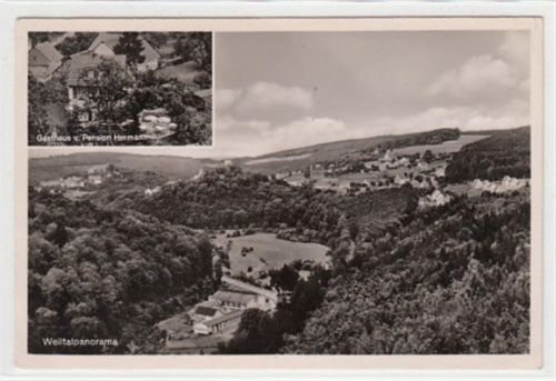Altweilnau mit Weiltalpanorama und Gasthaus und Pension Hermann gelaufen, Marke entfernt. Ecken mit Albumabdrücken, kleiner Knick oben rechts, sonst gut erhalten
