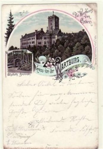 Wartburg Gruß von der Wartburg bei Eisenach i. Thür. Gesamtansicht von Osten Elisabeth Brunnen gelaufen 1896 Eckbug oben rechts, untere linke Ecke Oxydationsspuren unterer Rand, sonst gut erhalten.