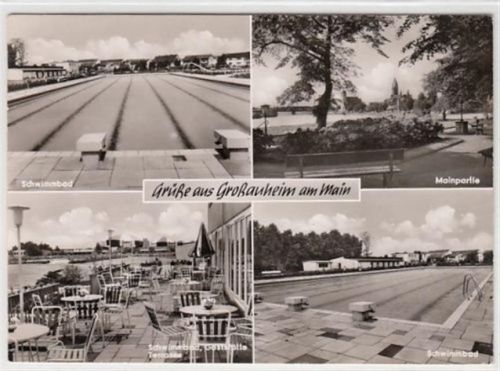Hanau Hanau. 4 Abbildungen. Schwimmbad Mainpartie gelaufen, 1966. Bügig, leichter Stempeldurchdruck, sonst gut erhalten