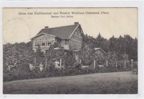 Gruss vom Etablissement und Pension Waldhaus Osterwieck (Harz) Besitzer Paul Müller gelaufen 1911. Leichter Stempeldurchdruck, sonst gut erhalten.