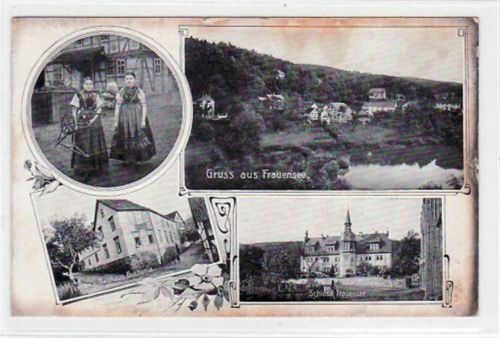 Gruß aus Frauensee mit Gesamtansicht, Mädchen mit Spinnrad, Schloss und Pension u. Gasthaus Buchonia gelaufen von 1913. Oxydationsspuren an den Rändern, leichte Eckabschürfungen und Rändern, leicht stockfleckig, sonst gut erhalten.