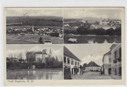 Groß Siegharts mit vier verschiedenen Abbildungen gelaufen am 06.08.1939. Leichter Knick oben rechts, leichte Abschürfungen an den Ecke n, leichte Stempelspuren, sonst gut erhalten.
