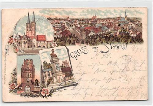 Stendal Stendal, Lithographie mit Rathaus, Totale, ünglinger Thor und Nachtigal-Denkmal gelaufen. Ecken mit Albumabdrücken, oben links leicht bügig, leichter Stempeldurchdruck, Vorder- und Rückseite stockfleckig