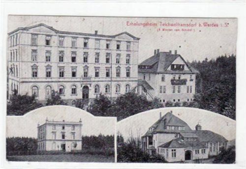 Teichwolframsdorf i. Thür. mit drei Abbildungen vom Erholungsheim gelaufen von 1921 kleiner Knick unten rechts, leicht fleckig, leicht bügig, sonst gut erhalten.