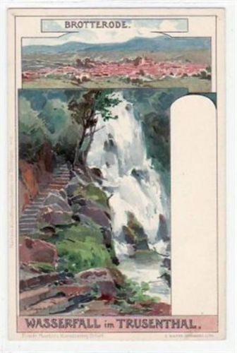 Künstlerkarte von Brotterode mit Wasserfall im Trusenthal und Gesamtansicht. ungelaufen frühe Karte, da Anschriftsseite noch ungeteilt. Leicht bügig, leicht fleckig, sonst gut erhalten.
