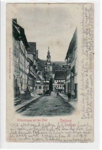 Stolberg im Harz mit Ritterstrasse und Post gelaufen von 1902. Leicht stockfleckig, sonst gut erhalten.