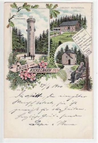 Gabelbach Lithographie Gruß vom Kickelhahn mit Thurm, Goethe als Greis und Gabelbach Restaurant gelaufen von 1900. Ecken mit Albumabdrücken, sonst gut erhalten.