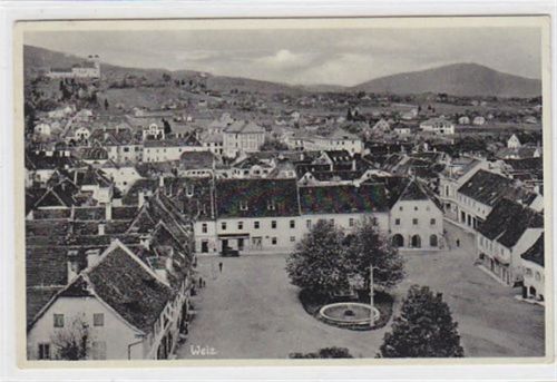 Weiz Vogelschau eines Paltzes, gelaufen 1935, gut erhalten.