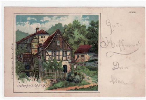 Grimma Grimma, Lithographie mit Grundmühle gelaufen von 1899. Leicht bügig, leicht fleckig, sonst gut erhalten.