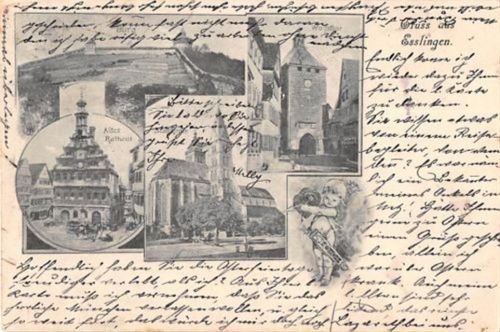 Esslingen mit Stadtkirche und Wolfsthor gelaufen. Leicht fleckig, sonst gut erhalten