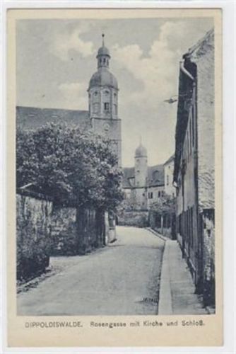 Dippoldiswalde. Rosengasse mit Kirche und Schloß gelaufen. Gute Erhaltung.