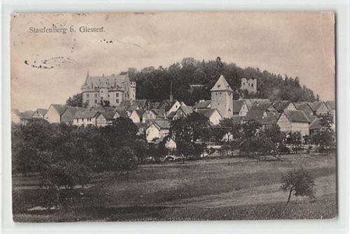 Staufenberg bei Gießen. Gesamtansicht gelaufen. Leichte Stempelspuren, kleiner Knick oben rechts und links, sonst gut erhalten