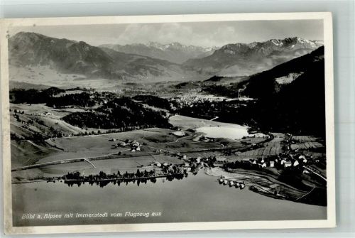 Bühl Fliegeraufnahme des Ortes mit Bootshäusern und Alpenpanorama
