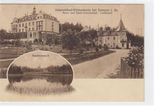 Johannisbad Johannisbad-Schmeckwitz bei Kamenz i. Sa. Moor- und Eisen-Schwefelbad - Luftkurort. Besitzer und leitender Arzt Dr. Rachel gelaufen 1930. Leichte Stempelspuren, sonst gut erhalten.