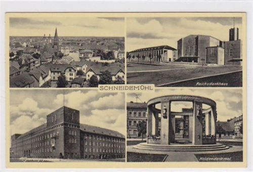 Schneidemühl Schneidemühl / Pila. Totalansicht Reichsdankhaus Regierungsgebäude Heldendenkmal ungelaufen Top Erhaltung.