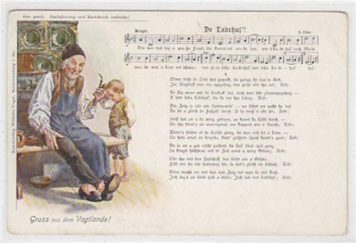 De Ladrhus. Mann mit Pfeife auf der Ofenbank und Kind ungelaufen Rückseite leicht fleckig, sonst gut erhalten