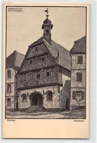 Federzeichnung Amorbach in Bayern. Rathaus ungelaufen Gute Erhaltung.