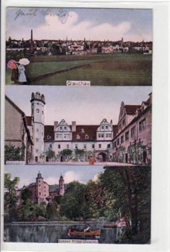 Glauchau Glauchau mit 3 Abbildungen gelaufen von 1911 kleiner Knick unten links, leichte Eckabschürfungen, leicht stockfleckig, sonst gut erhalten