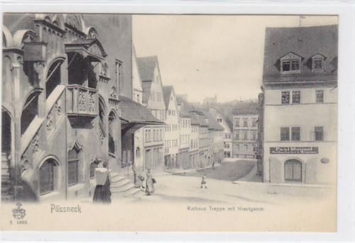 Pössneck mit Rathaus Treppe, Krautgasse und Geschäft von Paul Menzel, Goldarbeiter und Graveur ungelaufen Top Erhaltung.