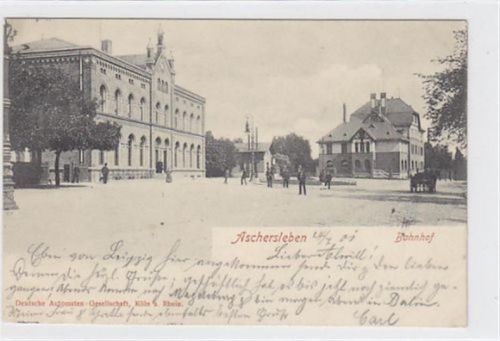 Aschersleben Bahnhof in Aschersleben gelaufen 1901. Leicht fleckig, sonst gut erhalten