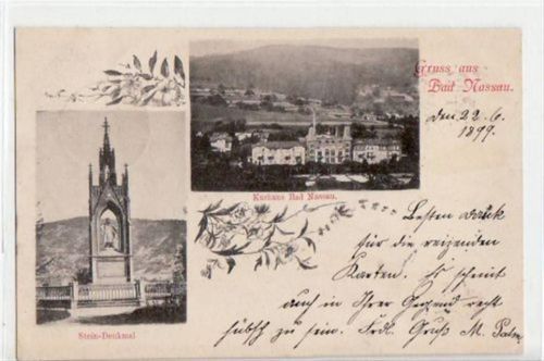 Nassau Bad Nassau mit Kurhaus und Steindenkmal gelaufen von 1899. Ecken mit Albumabdrücken, leichter Stempeldurchdruck, sonst gut erhalten