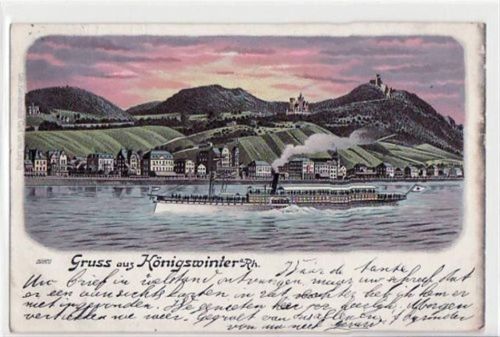 Königswinter, Lithographie mit Rheinpartie gelaufen von 1901. Leichte Oxidationsspuren rechter Rand, leicht bügig, leicht fleckig, sonst gut erhalten