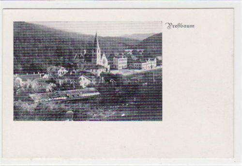 AK von Preßbaum. Teilansicht mit Kirche. Ungelaufen. Leichte Abschürfungen am Rand unten, kleine Abschürfung Rückseite am Rand links, sonst sehr gut erhalten.