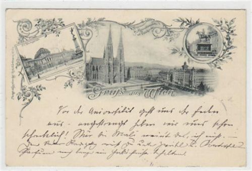 Wien. K.K. Universität Maximiliansplatz Votivkirche Radetzky Denkmal gelaufen am 12.10.1896. Leichte Stempelspuren. Leichter Bug obere linke Ecke , sonst gut erhalten