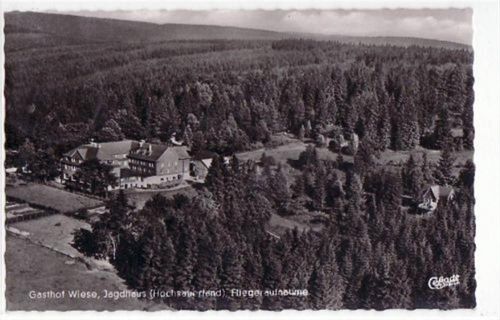 Schmallenberg Gasthof Wiese, Jagdhaus im Hochsauerland, Fliegeraufnahme gelaufen von 1959. Gute Erhaltung.