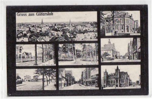 Gütersloh, 8 Abbildungen mit Postamt und Bahnhof. Feldpost, Stempel von 1917. Gute Erhaltung.