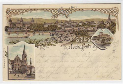 Aschaffenburg Aschaffenburg, Lithographie mit Stiftskirche und Pompejanum gelaufen, mit Marke und Stempel von 1898. Leicht fleckig, sonst gut erhalten
