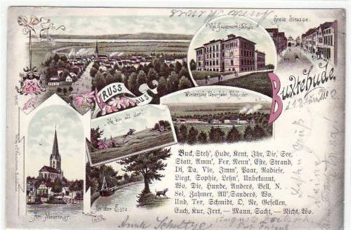 Buxtehude, Lithographie mit Breite Strasse u. Partie am Moorthor gelaufen, 1898. Leicht bügig, Oxydationsspuren an den Rändern, sonst gut erhalten