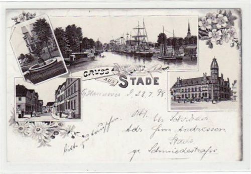 Stade Stade, Lithographie mit Brunnen und Hafen gelaufen, 1898. Ecken mit Albumabdrücken, Oxydationsspuren rechter Rand, leichter Stempeldurchdruck, sonst gut erhalten