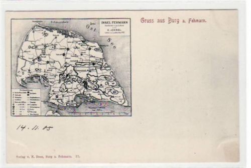 Fehmarn Ostseebad Burg, Insel Fehmarn mit Gebietskarte. ungelaufen handschriftliches Datum von 1905. Ecken mit Albumabdrücken, sonst gut erhalten