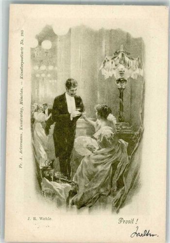 sign. Wehle Mann prostet junger eleganter Frau zu Poesie / Liebe Ackermann's Kunstverlag No. 285 Adelskorrespondenz