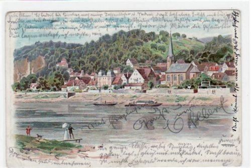 Wehlen Stadt Stadt Wehlen, Lithographie mit Blick auf die Kirche gelaufen von 1900. Leicht abgerundete Ecke n, kleiner Knick oben rechts und unten links, sonst gut erhalten.