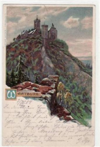 Wartburg Lithographie der Wartburg i. Thür. Totalansicht gelaufen 1904 Eckbug oben links kleiner Riß rechte Kante, sonst gut erhalten.