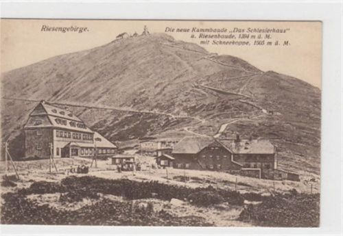 neuer Kammbaude, Schlesierhaus, Riesenbaude und Schneekoppe - Kreis Hirschberg / Jelenia Góra im Riesengebirge. Postalisch nicht befördert. Leicht stockfleckig, sonst gut erhalten